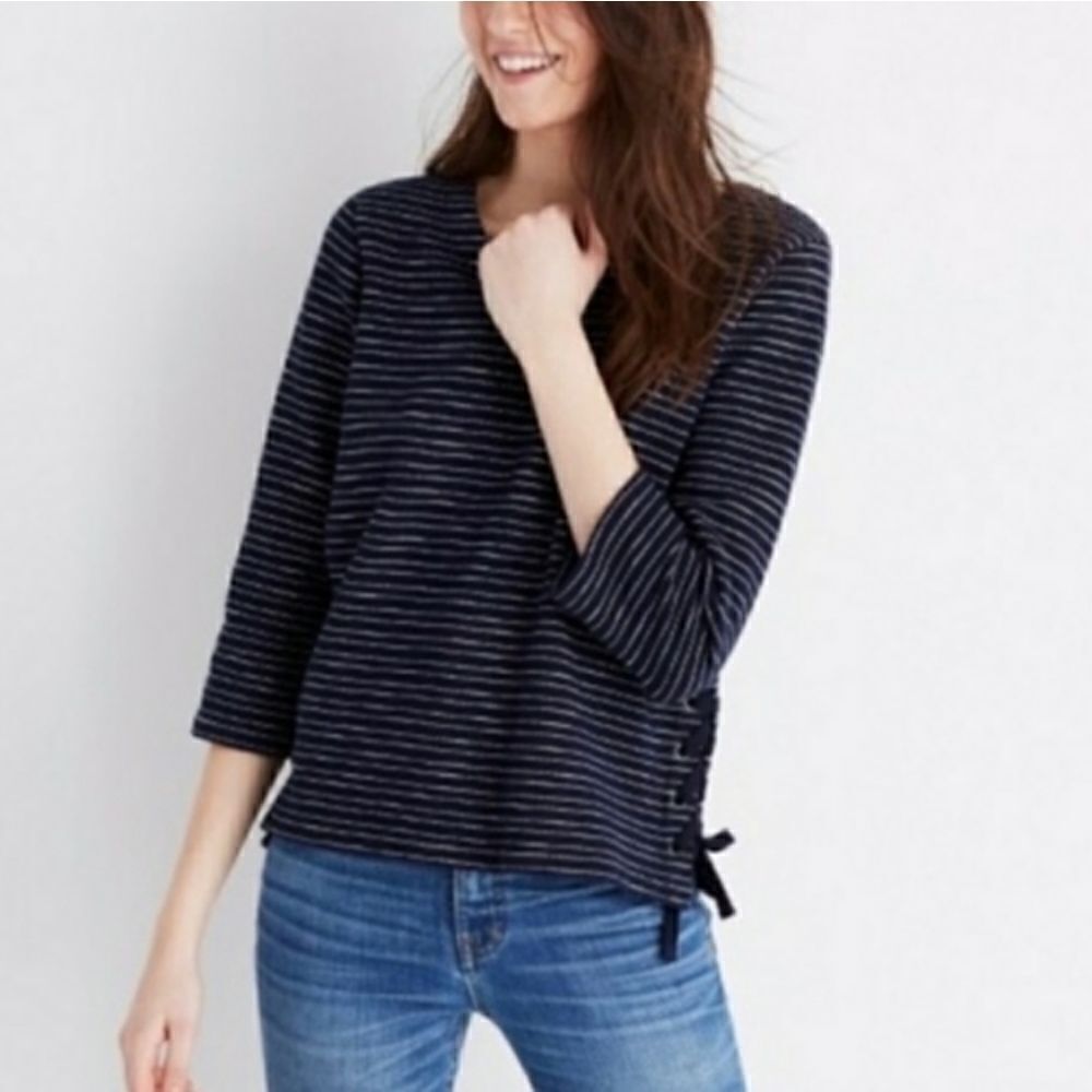Madewellย Navy &โWhiteโStripedโSideโLaceโUpโSweater